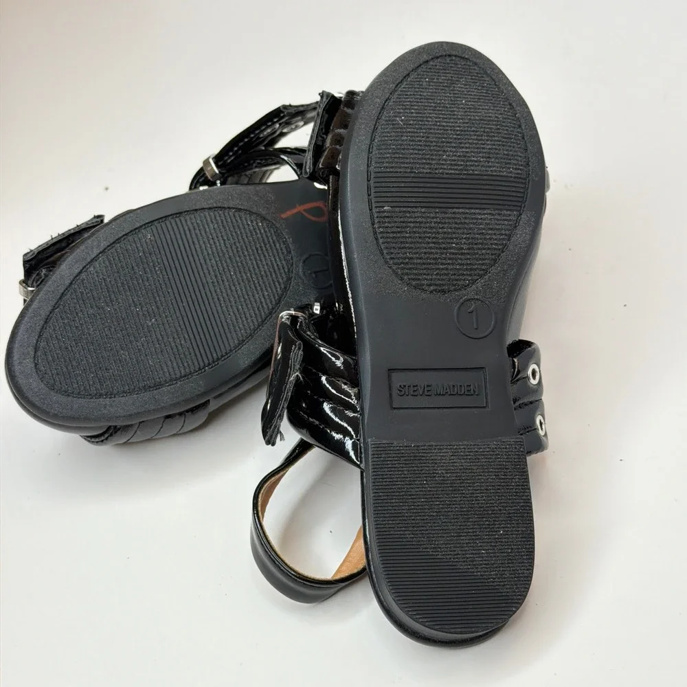 Steve Madden JGRAYAA Kids Black Patent Slingback Buckle Grommet Flats Size 1